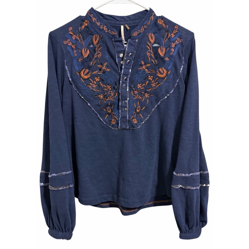 Free People Sundance Kid Embroidered Western Henley Top Navy Women's Size XS